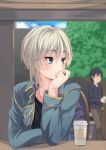  1girl anastasia_(idolmaster) blue_sky blurry clouds coffee_cup depth_of_field hand_to_own_mouth highres idolmaster idolmaster_cinderella_girls jacket jewelry long_sleeves necklace nigo_(aozoragarou) open_clothes open_jacket shirt short_hair silver_hair sky smile 
