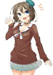  &gt;:d :d beret blue_eyes blush breasts brown_hair choker cleavage cowboy_shot hair_ornament hairclip hat kankitsunabe_(citrus) kantai_collection maya_(kantai_collection) open_mouth pleated_skirt remodel_(kantai_collection) short_hair skirt smile sweater white_background 