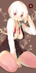  1girl baal_(shiomachi) blush breasts hair_flip heart heart-shaped_pupils kneeling mouth_hold original pink_legwear pocky red_eyes shiomachi skirt skirt_set solo symbol-shaped_pupils thigh-highs white_hair zettai_ryouiki 