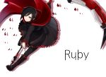  1girl boots character_name looking_at_viewer mate@juken petals rose_petals ruby_rose rwby scythe short_hair smile solo weapon white_background 