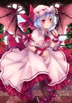  1girl ankle_ribbon bangs bat_wings black_legwear blue_hair blush bow brooch center_frills checkered checkered_floor cravat dress flower frilled_sleeves frills hat hat_ribbon jewelry mob_cap pantyhose puffy_short_sleeves puffy_sleeves purple_hair red_bow red_eyes red_flower red_rose remilia_scarlet ribbon rose rose_bush short_hair short_sleeves slit_pupils smile solo touhou toutenkou window wings wrist_cuffs 