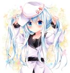  1girl :o blue_eyes blue_hair blush buttons cowboy_shot floral_background hair_between_eyes hair_tucking hammer_and_sickle hat hibiki_(kantai_collection) jacket kantai_collection long_hair long_sleeves looking_at_viewer nogi_takayoshi sailor_collar sidelocks simple_background solo star twintails verniy_(kantai_collection) very_long_hair white_jacket 