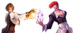  brown_eyes brown_hair choker evilgun fingerless_gloves fire gloves hand_in_pocket jacket kusanagi_kyou purple_fire red_eyes redhead smile tagme the_king_of_fighters white_background yagami_iori 