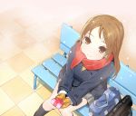  1girl bag bench brown_eyes brown_hair from_above kneehighs long_hair mittens original red_scarf ryou_(effort) scarf school_bag skirt smile snowing solo valentine winter_clothes 