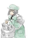  1girl backpack bag black_hair dark_haired_kappa extra hat kappa kappa_mob looking_at_viewer machine open_mouth roadksa robot simple_background solo tagme touhou white_background 