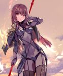  1girl bangs bodysuit cape covered_navel cowboy_shot dutch_angle eyebrows eyebrows_visible_through_hair fate/grand_order fate_(series) gae_bolg gloves highres holding_weapon long_hair looking_at_viewer nove_(legge) polearm purple_hair red_eyes scathach_(fate/grand_order) solo spaulders spear weapon 