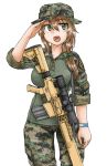  1girl boonie_hat brown_hair camouflage dutchko green_eyes gun m110_sass military military_uniform open_mouth original patches rifle salute scrunchie simple_background sniper_rifle solo uniform weapon white_background wristband 