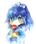  1girl aqua_eyes blue_hair candy_apple fubukihime high_ponytail japanese_clothes kimono long_hair momiji_(lucario) solo white_background youkai youkai_watch 