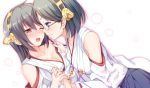  2girls bare_shoulders black_hair blush breasts brown_eyes cleavage glasses hair_ornament hairband hand_on_another&#039;s_shoulder haruna_(kantai_collection) headgear japanese_clothes kantai_collection kirishima_(kantai_collection) long_hair multiple_girls nontraditional_miko one_eye_closed open_mouth short_hair smile yuumaru_(you-mya) 
