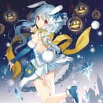  1girl animal_ears backless_outfit bare_shoulders blue_dress bow bunny_tail candle detached_sleeves dress hair_bow long_hair long_sleeves looking_at_viewer looking_back original rabbit_ears red_eyes rie_(reverie) scarf silver_hair smile snowing solo tail twintails very_long_hair 
