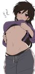  1girl black_panties breasts brown_hair cowboy_shot genderswap groin hair_between_eyes highres ichimatsu lifted_by_self long_hair long_sleeves looking_at_viewer midriff naruse_makoto navel osomatsu-kun osomatsu-san panties pants shirt_lift simple_background sketch solo under_boob underwear upshirt violet_eyes white_background 