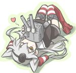  1girl amatsukaze_(kantai_collection) blush brown_eyes cannon garter_straps grey_hair hair_tubes heart high_heels kantai_collection knees_together_feet_apart lying on_back one_eye_closed rensouhou-kun tewarusa thigh-highs turret two_side_up 