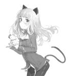  1girl animal_ears bangs blunt_bangs blush cat_ears cat_tail cravat cup glasses kylin long_hair long_sleeves military military_uniform pantyhose perrine_h_clostermann simple_background solo strike_witches tail teacup uniform white_background 