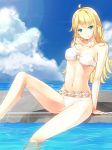  1girl bikini blonde_hair breasts cleavage green_eyes hoshii_miki idolmaster long_hair looking_at_viewer navel outdoors sitting sky solo swimsuit tamakaga under_boob water white_bikini white_swimsuit 