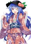  1girl alternate_costume blue_hair e.o. floral_print food fruit hat highres hinanawi_tenshi japanese_clothes kimono long_hair long_sleeves looking_at_viewer obi one_eye_closed open_mouth peach red_eyes sash smile touhou very_long_hair wide_sleeves 
