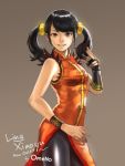  1girl alternate_legwear black_hair black_legwear china_dress chinese_clothes digitalome fingerless_gloves gloves highres ling_xiaoyu long_hair namco pantyhose side_slit single_glove small_breasts smile solo tekken tekken_7 twintails 