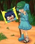  2girls backpack bag bandaged_leg bandages black_hair blue_hair closed_eyes crutch dark_haired_kappa forest grass hat kappa kappa_mob kawashiro_nitori key multiple_girls nature o_o open_mouth outdoors short_hair solid_circle_eyes tagme touhou translation_request tree twintails two_side_up yunuki_uta 