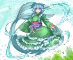  1girl blue_eyes blue_hair blush breasts bubble commentary_request curly_hair fish floral_print frilled_kimono frills japanese_clothes kimono light_reflection_(water) long_sleeves looking_at_viewer mermaid monster_girl obi open_hands ribbon sash seaweed signature smile solo sparkle touhou umigarasu_(kitsune1963) underwater wakasagihime water wide_sleeves 