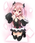  1girl absurdres boots child detached_sleeves dress fang highres kneeling krul_tepes long_hair open_mouth owari_no_seraph pink_hair pointy_ears red_eyes short_dress silver_light sleeves_past_wrists smile solo thigh-highs thigh_boots twintails two_side_up younger 