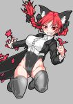  animal_ears braid breasts cat_ears coattails fire grin high_heels jumping kaenbyou_rin large_breasts leotard mersoleil03 red_eyes redhead slit_pupils smile thigh-highs touhou tuxedo_jacket twin_braids 