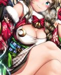  1girl argyle blonde_hair blue_eyes blush braid breasts christmas cleavage closed_mouth crossed_legs decchi_oyabun detached_sleeves fur_trim hair_over_shoulder head_out_of_frame long_hair looking_at_viewer original solo wristband 