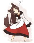  1girl ? animal_ears blush breasts brooch brown_hair dress imaizumi_kagerou jewelry kaginoni long_hair long_sleeves looking_at_viewer off-shoulder_shirt off_shoulder open_mouth red_eyes shirt solo tail touhou wide_sleeves wolf_ears wolf_tail 