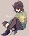  1other :| antenna_hair black_footwear brown_background brown_hair brown_pants character_name closed_mouth commentary_request covered_eyes cross-laced_footwear crossed_ankles deltarune expressionless facing_viewer from_side full_body green_sweater hair_over_eyes highres indian_style kris_(deltarune) long_sleeves nikorashi-ka other_focus pants shoes short_hair simple_background sitting solo sweater 