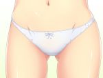  1girl ass_visible_through_thighs close-up groin navel panties ribbon-trimmed_panties shiny shiny_skin simple_background solo tamanegi_(genpi) thighs underwear white_panties 