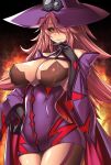  1girl black_gloves black_sclera blazblue breasts cape cleavage colored_eyelashes dress elbow_gloves gloves hair_over_one_eye hat konoe_a_mercury large_breasts long_hair looking_at_viewer parted_lips pink_hair purple_dress short_dress solo takanashi-a wide_sleeves witch_hat yellow_eyes 