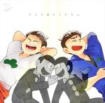  2boys anubisu-no-sinpan arm_behind_head arms_behind_head brothers child closed_eyes clothes_around_waist dated dual_persona heart heart_in_mouth jumpsuit karamatsu lying male_focus matching_outfit monochrome multiple_boys on_back osomatsu-kun osomatsu-san osomatsu_(osomatsu-kun) siblings simple_background smile twitter_username v-neck white_background 