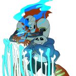  2boys armor blocking bone boots gloves glowing glowing_eye hoodie inside-under multiple_boys papyrus_(undertale) sans shorts skeleton tagme undertale white_background 