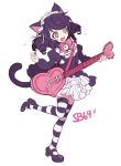  1girl :d animal_ears bell black_hair blush_stickers bowtie cat_ears cat_tail copyright_name cyan_(show_by_rock!!) dress fang frills green_eyes guitar hairband instrument lolita_hairband open_mouth playing_instrument plectrum ringlets show_by_rock!! sketch smile solo standing_on_one_leg striped striped_legwear tail thigh-highs zn_(zzzzzni) 