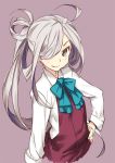  1girl ahoge asashimo_(kantai_collection) blush grey_eyes grey_hair hair_ribbon kantai_collection kawata_hisashi long_hair long_sleeves looking_at_viewer low_twintails ribbon school_uniform skirt smile solo twintails very_long_hair 