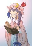  1girl book bow braid chii-kun_(seedyoulater) crescent_hair_ornament glasses hair_bow hair_ornament hat highres long_hair mob_cap patchouli_knowledge purple_hair reading rimless_glasses simple_background solo touhou twin_braids violet_eyes 