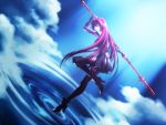  1girl bodysuit fate/grand_order fate_(series) gae_bolg leila_(lalan) long_hair polearm purple_hair red_eyes scathach_(fate/grand_order) solo spear standing standing_on_water weapon 