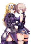  2girls armor armored_dress ass bare_shoulders black_dress blonde_hair blue_eyes braid breasts capelet cleavage dress elbow_gloves fate/grand_order fate_(series) faulds garutaisa gauntlets gloves hair_over_one_eye hand_on_another&#039;s_arm headpiece highres large_breasts leg_garter long_hair looking_at_viewer multiple_girls purple_dress purple_hair ruler_(fate/apocrypha) shielder_(fate/grand_order) short_hair simple_background single_braid smile thigh-highs very_long_hair violet_eyes white_background zettai_ryouiki 