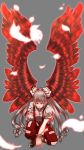  1girl bird_wings boots bow clenched_hands feathers fujiwara_no_mokou grey_background hair_bow hair_ribbon highres long_hair pants red_eyes ribbon silver_hair simple_background smile solo squatting sufia suspenders torn_clothes torn_sleeves touhou very_long_hair wings 