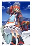 1girl :d aqua_eyes bandages bangs blonde_hair blue_sky boots border character_request clouds dress fringe full_body fur_trim gloves hair_between_eyes hat highres huge_weapon jewelry legs_apart long_sleeves monster_hunter mountain necklace open_mouth outdoors rock shading_eyes short_over_long_sleeves shorts sky smile snow solo standing sword tassel teeth touzai_(poppin_phl95) upskirt weapon 