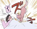  1girl black_hair blanket cat cellphone jumping love_live!_school_idol_project phone pillow pink_hair sen&#039;yuu_yuuji translation_request yazawa_nico 