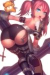  1girl armor ass bare_back belt bent_over black_legwear black_shorts blue_eyes boots bypos cross dungeon_and_fighter freckles from_behind hair_ornament highres long_hair looking_back open_mouth original pink_hair rosary short_shorts shorts stuffed_toy thigh-highs thigh_strap twintails weapon 