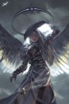  1girl armor blue_eyes clouds cloudy_sky gauntlets halo highres light long_hair pale_skin pointy_ears silver_hair sky solo wings wlop 