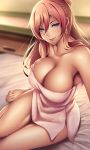  1girl bed bed_sheet blue_eyes breasts cleavage earrings god_eater god_eater_2:_rage_burst hair_between_eyes highres izayoi_kaname jewelry large_breasts leah_claudius lips long_hair looking_at_viewer mole mole_under_eye naked_towel off_shoulder redhead sitting smile towel 