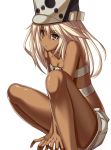  1girl arm_support beltbra bent_knees blonde_hair breasts dark_skin flat_gaze guilty_gear guilty_gear_xrd hat highres jitome long_hair looking_away ramlethal_valentine short_shorts shorts solo takanashi-a thighs triangle_mouth under_boob 