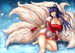  1girl absurdres ahri animal_ears arm_support bare_shoulders blue_hair breast_hold breasts collarbone facial_mark fox_ears fox_tail highres korean_clothes large_breasts league_of_legends long_hair looking_up multiple_tails off_shoulder open_mouth sitting slit_pupils snow solo tail whisker_markings yashichii yellow_eyes yokozuwari 