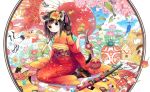  1girl animal_ears arrow bangs bird black_eyes black_hair black_legwear blunt_bangs blush bow butterfly cat_ears cat_tail cherry_blossoms chrysanthemum clog_sandals clouds cosmos_(flower) crane_(animal) dragonfly fan fish floral_print flower folding_fan food goldfish hagoita hair_bow hair_ornament hamaya hanafuda hanetsuki highres holding holding_flower japanese_clothes katana kimono koi kuroinu leaf leaf_print looking_at_viewer lotus maple_leaf mirror mochi mount_fuji mushroom obi oriental_umbrella origami original paddle paper_crane petals rabbit sash seasons sheath sheathed sitting sky smile solo stuffed_animal stuffed_cat stuffed_toy sword tail tail_bow tassel teapot temari_ball umbrella wagashi weapon wind_chime 