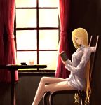  1girl artist_request blonde_hair curtains glass green_eyes highres long_hair othinus reading solo table to_aru_majutsu_no_index to_aru_majutsu_no_index:_new_testament 