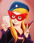  1girl aqua_eyes beret blonde_hair blue_eyes cellphone hat highres la_seine_no_hoshi lafolie mask phone red_background self_shot sidelocks simone_(la_seine_no_hoshi) simple_background smartphone solo upper_body v 