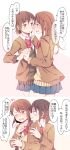  2girls blazer blush brown_eyes brown_hair cardigan hachiko_(hati12) hand_on_another&#039;s_cheek hand_on_another&#039;s_face highres interlocked_fingers long_hair looking_at_another multiple_girls one_eye_closed open_mouth original school_uniform short_hair skirt smile sweatdrop tongue tongue_out translation_request yuri 
