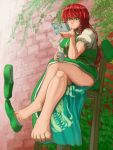  1girl bangs barefoot blue_eyes braid breasts brick_wall chair chinese_clothes crossed_legs dragon dragon_ball dragon_print eastern_dragon hong_meiling koyubi_(littlefinger1988) large_breasts long_hair manga_(object) parted_bangs piccolo puffy_short_sleeves puffy_sleeves reading redhead scar shoes short_sleeves sitting smile solo touhou twin_braids 