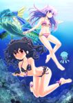  1girl 2girls bare_shoulders bikini black_hair blush hair_ornament long_hair mizunashi_(second_run) multiple_girls nepgear neptune_(series) ocean open_mouth purple_hair red_eyes side-tie_bikini smile swimsuit uni_(choujigen_game_neptune) violet_eyes 